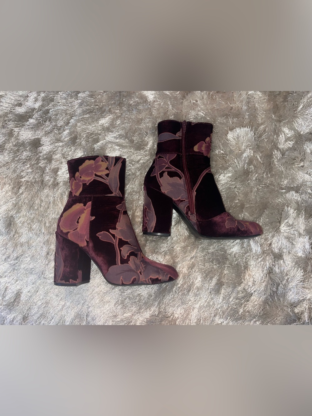 Steve Madden Velvet Floral Ankle Boots in Burgundy and Pink